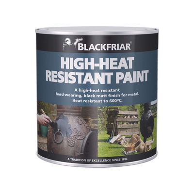 Can of Blackfriar high-heat resistant paint with images of metal objects and a person using a tool.