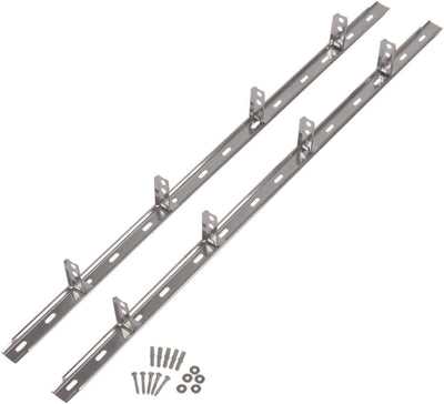 A stainless steel wall starter kit which includes two long profiles and an assortment of fixings such as screws and wall plugs arranged neatly on a white background.