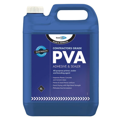 5 Litre Bond It Contractors Grade PVA adhesive and sealer white plastic tub close up.