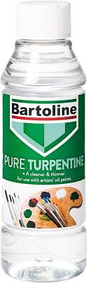 A 500ml bottle of Bartoline Pure Turpentine, used for thinning paint and cleaning brushes.