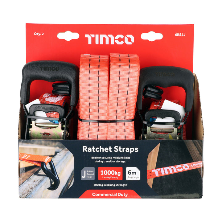 2x Ratchet Straps (6m x 35mm) J Hook - Commercial Duty Up to 1000kg