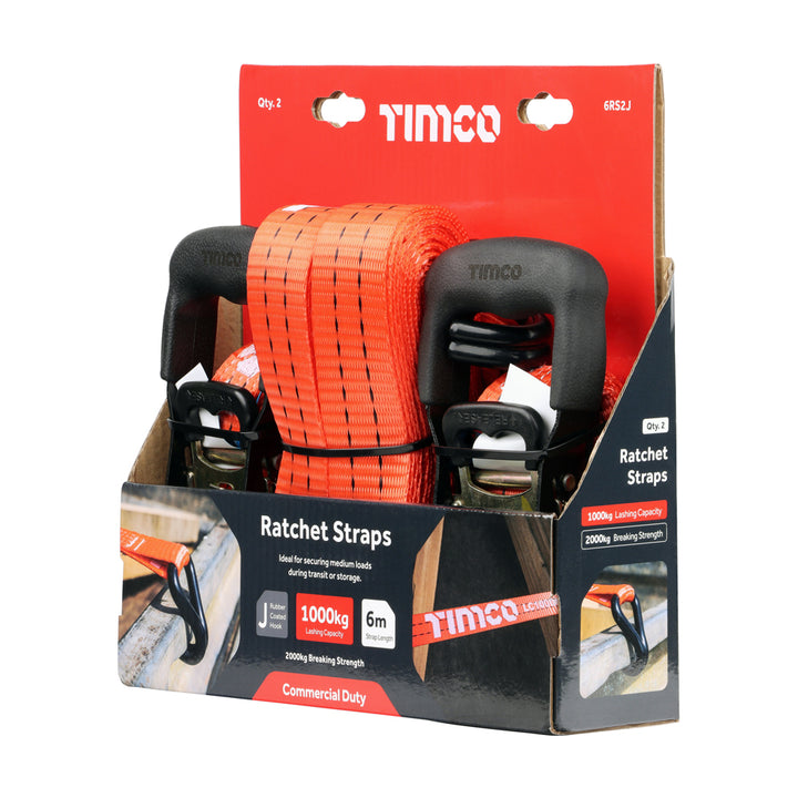 2x Ratchet Straps (6m x 35mm) J Hook - Commercial Duty Up to 1000kg