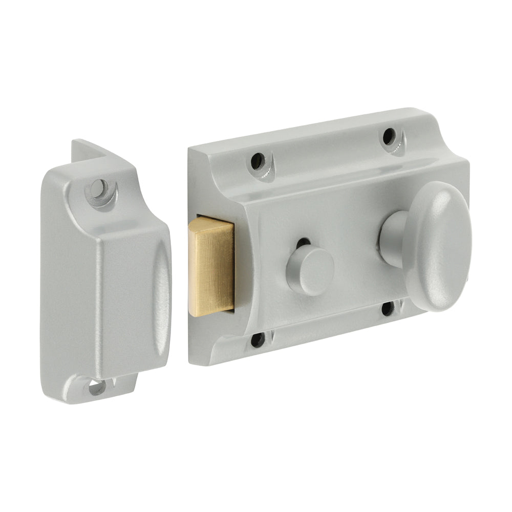 91mm Case 60mm Backset Traditional Nightlatch | Silver Finish Rim Lock | 13mm Bolt