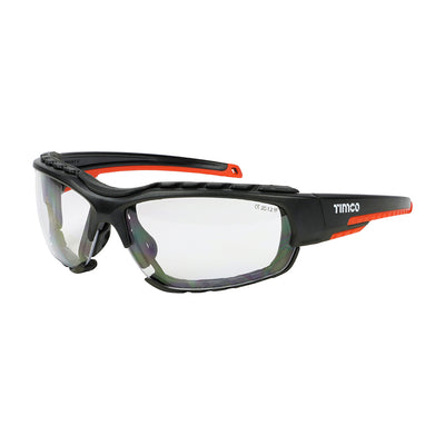 (BOX OF 1) Sports Style Safety Glasses with Foam Dust Guard – Clear Lens – One Size