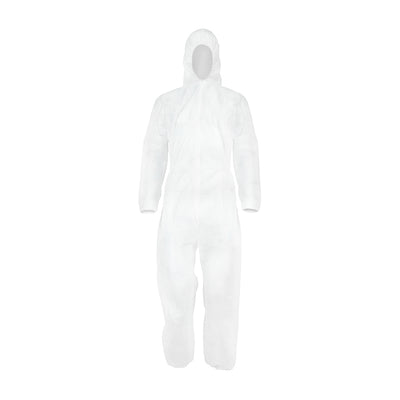 (BAG OF 1) General Purpose Coverall – White Polypropylene Protective Suit with Hood – Elasticated Cuffs & Ankles – Lightweight Low Risk Protection