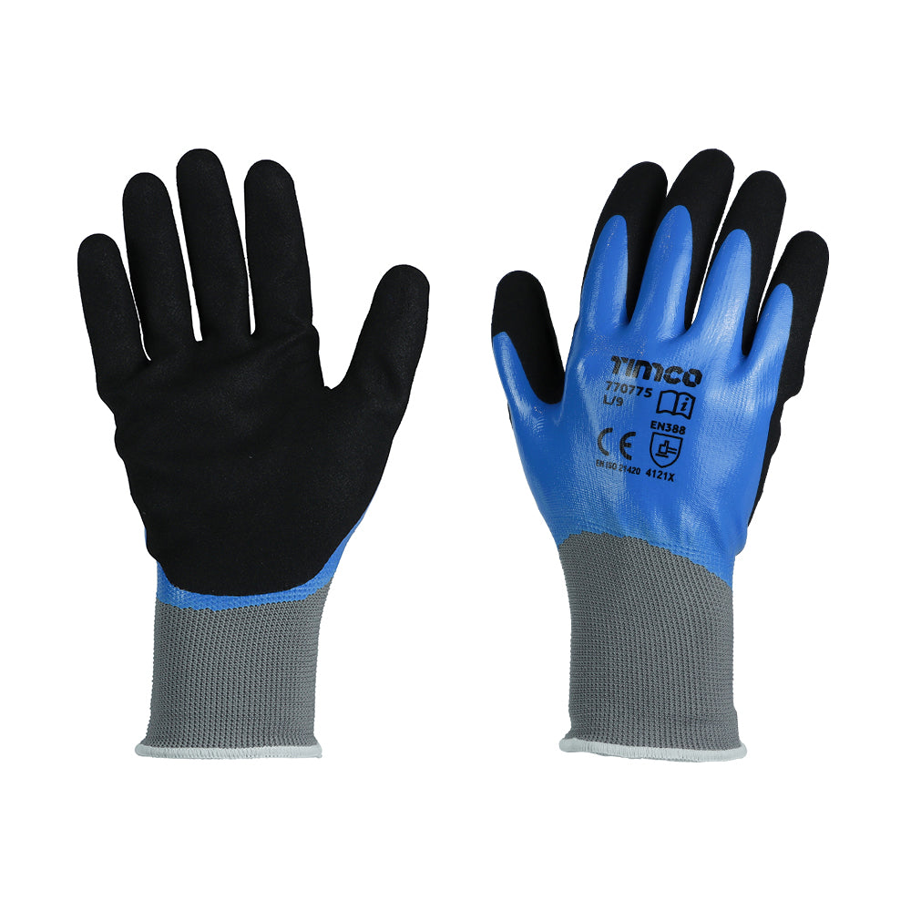 (1 PAIR) Waterproof Grip Gloves M/L/XL – Sandy Nitrile Foam Coated Polyester Work Gloves for Wet Conditions