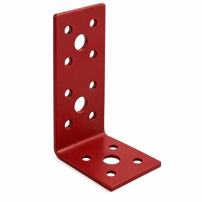 Red metal corner bracket with multiple holes on a white background