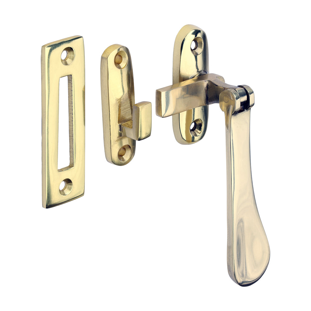 54 x 19mm Hook & Mortice Plate Casement Fastener – Polished Brass Window Latch for Timber Frames