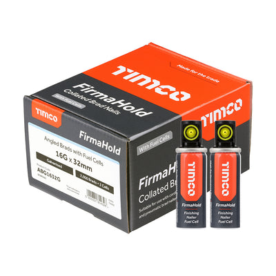 16g x 32mm FirmaHold Collated Brad Nails & Fuel Cells – 16 Gauge Angled Galvanised – Box of 2000