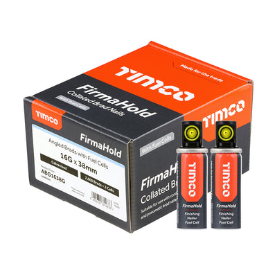 16g x 38mm FirmaHold Collated Brad Nails & Fuel Cells – 16 Gauge Angled Galvanised – Box of 2000