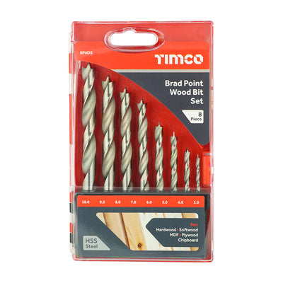 (CASE OF 8pc) Brad Point Wood Drill Bit Set – HSS Steel Precision Bits for Timber & Man-Made Boards (BP8DS)