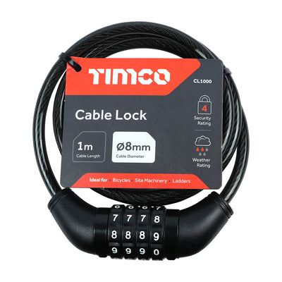 8mm x 1m Combination Cable Lock – Vinyl Coated Security Lock – Multi-Purpose – 1 Pack