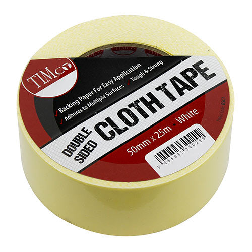 25m x 50mm Double Sided Cloth Tape White – Strong Adhesive Roll for Carpets, Signs & Sheeting – Pack of 1