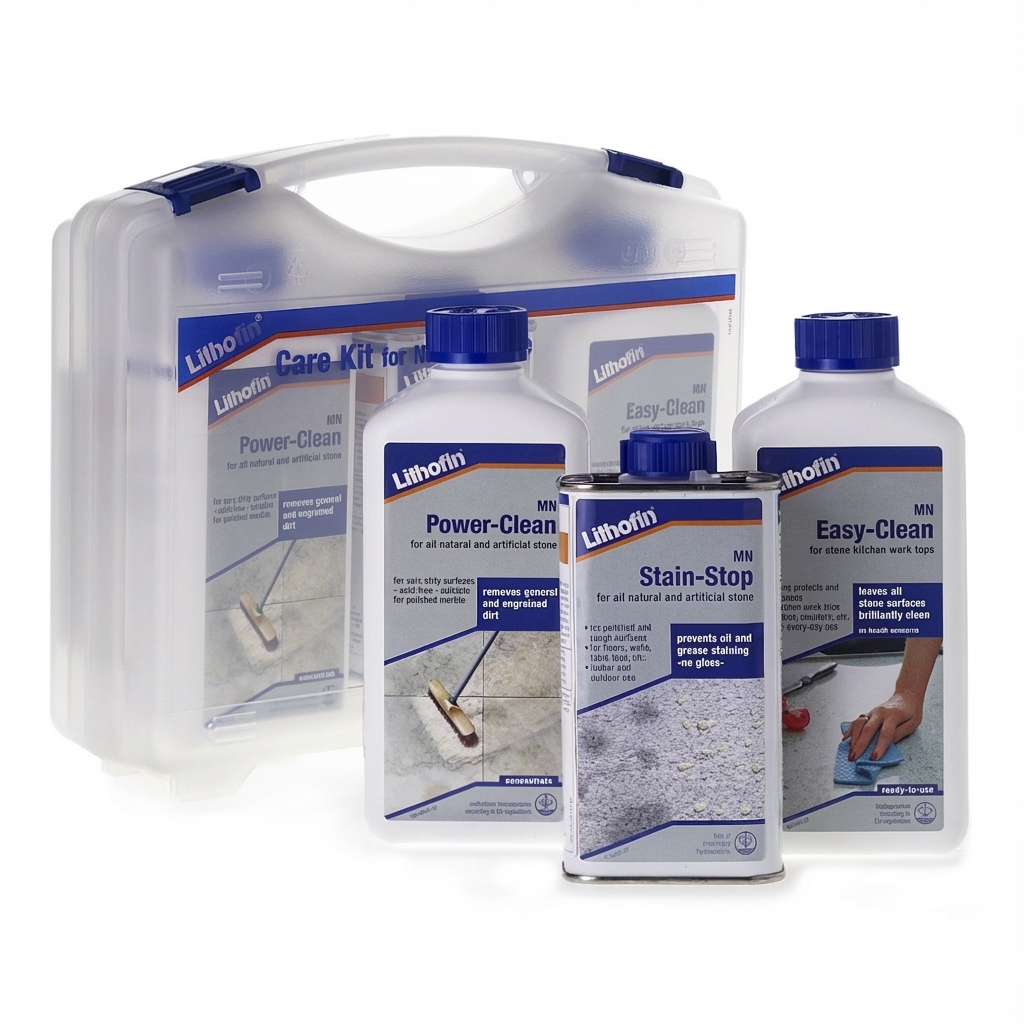 Lithofin After Care Kit BE5 box containing MN Power Clean 500ml MN Stain Stop 250ml and Easy Clean spray 500ml