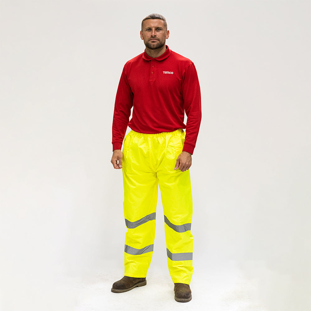 Hi-Visibility Elasticated Waist Trousers – Yellow Class 1 Waterproof Reflective Work Overtrousers for Outdoor & Roadside Use