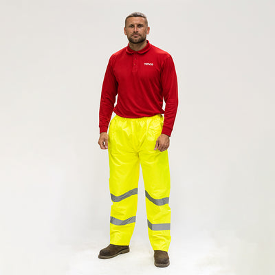 Hi-Visibility Elasticated Waist Trousers – Yellow Class 1 Waterproof Reflective Work Overtrousers for Outdoor & Roadside Use