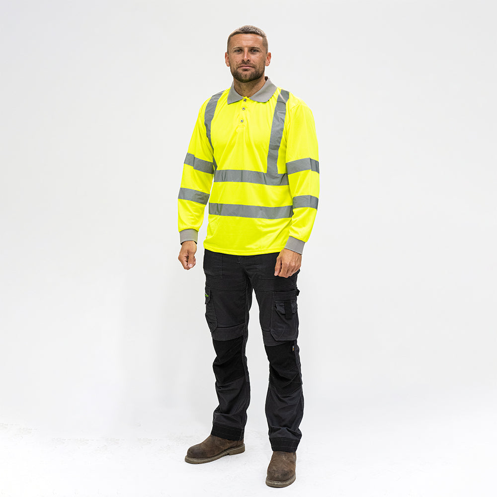 Hi-Visibility Long Sleeve Polo Shirt – Yellow Class 3 Safety Workwear – Reflective Tape & Breathable Fabric
