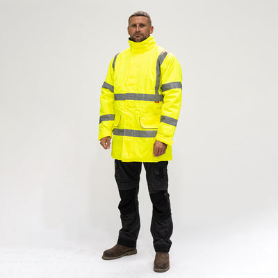 Hi-Visibility Parka Jacket – Yellow Class 3 Waterproof Reflective Workwear with Quilted Lining & Concealed Hood