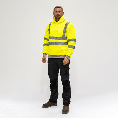 Hi-Visibility Hooded Sweatshirt – Yellow Class 3 Safety Workwear – Fleece Lined Reflective Hoodie