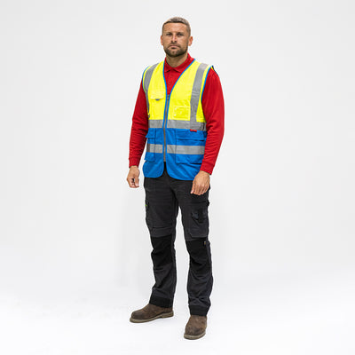 Hi-Visibility Executive Vest – Yellow & Blue Class 2 Reflective Safety Waistcoat with Multi Pockets & Zip Fastening