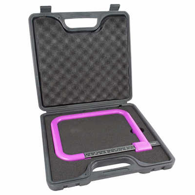 A double glazing glass measuring tool with a pink rule, placed inside a black hardback transport case.