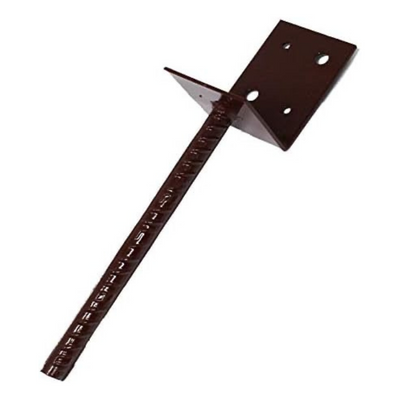 A Brown metal angle bracket with a rod extending vertically, designed to be set in concrete for securing heavy timbers.