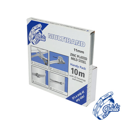 11mm x 10m Multiband Mild Steel Handy Pack - Zinc Plated MB1708 | Jubilee Banding with 25 Housings & Screws | Universal Cut-to-Length Clamp Kit
