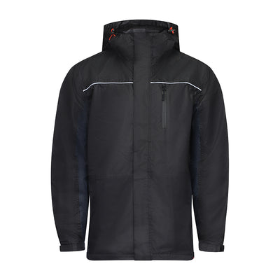Black Waterproof Lined Rain Jacket | Heavy Duty Workwear Coat | Adjustable Drawcord Hood & Cuffs