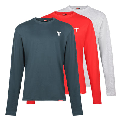 Medium, Large & X Large Long Sleeve Trade T-Shirt Pack Grey Red Green Workwear Tops for Builders, Trade & Site Use
