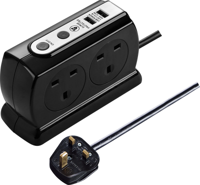 Masterplug 2m Heavy Duty 4 Socket Surge Protected Extension Lead with 2 USB Charging Ports – Black