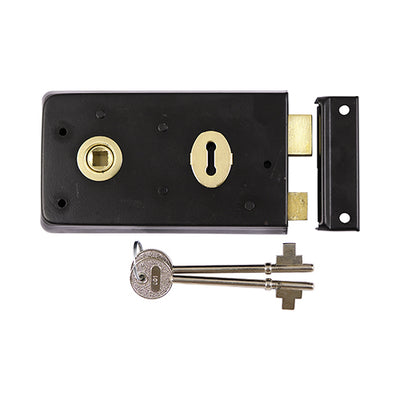 143 x 83mm Rim Sash Lock with Inward & Outward Keep - Black | Reversible Shed & Door Lock with Keys & Fixings | 1 Each