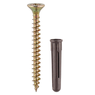 35mm Brown Plastic Plugs with 5.0x50mm Screws – Wall Fixing Set for Masonry, Brick & Concrete – Zinc Yellow Screws
