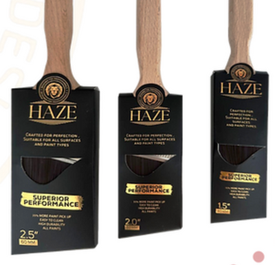 Three Haze paintbrushes with packaging on a white background
