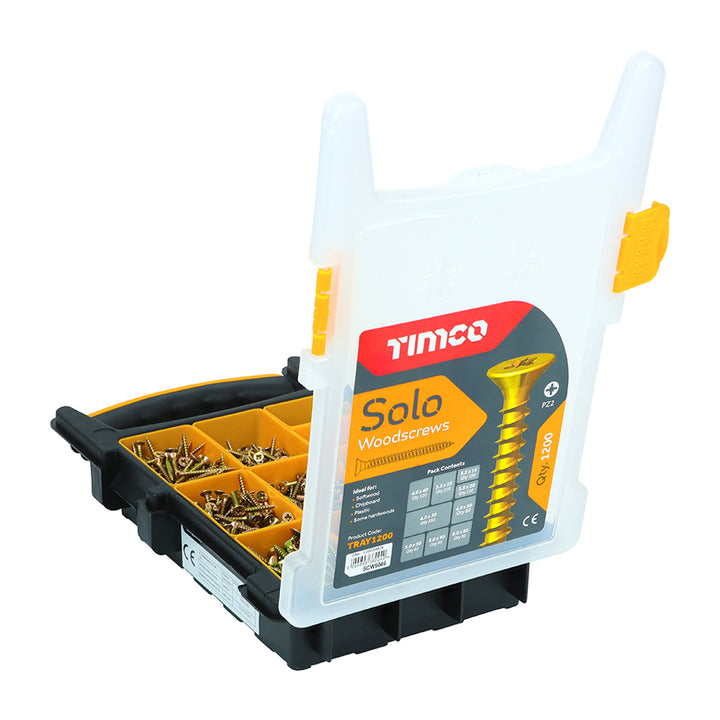 Timco - Solo Chipboard & Woodscrews – 1200pcs Mixed Tray – PZ – Double Countersunk – Yellow (TRAY1200)
