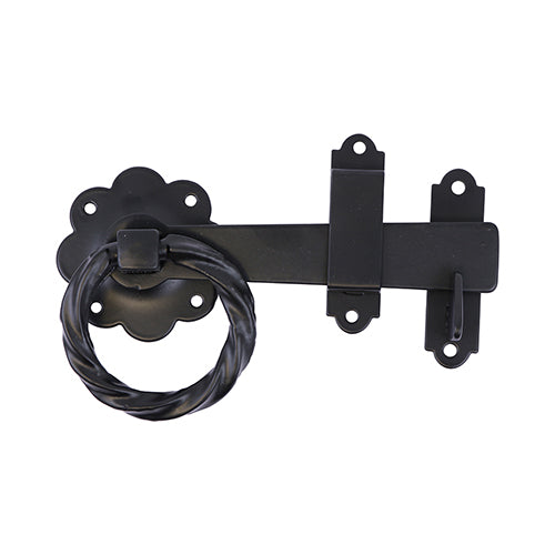 6" Ring Gate Latch – Twisted – Black | Heavy Duty Garden Gate Latch for Wooden & Metal Gates - Pack of 1