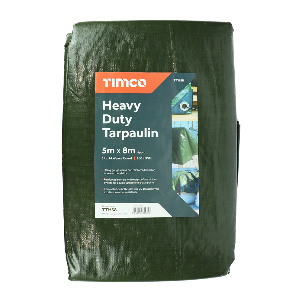 TIMCO Heavy Duty Tarpaulin – Waterproof Green Tarp Cover, UV Resistant, Reinforced Eyelets & Hems, Outdoor Ground Sheet, Camping, Garden & Construction Use