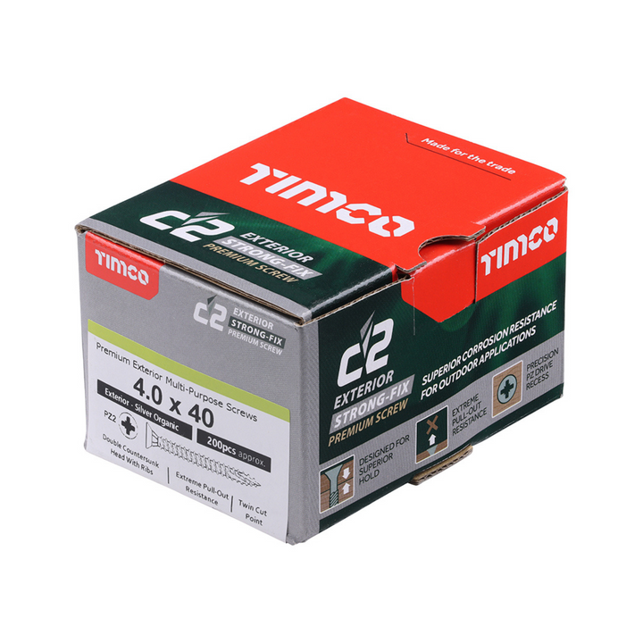 C2 Exterior Strong-Fix - PZ - Countersunk Screw – Salt‑Resistant Timber Screw with Ribs - Twin-Cut - Silver