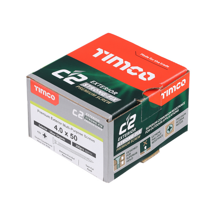C2 Exterior Strong-Fix - PZ - Countersunk Screw – Salt‑Resistant Timber Screw with Ribs - Twin-Cut - Silver