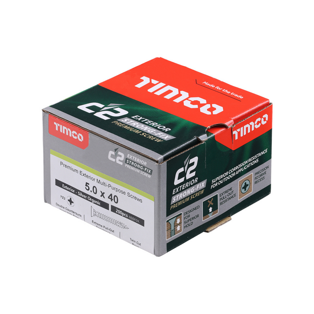 C2 Exterior Strong-Fix - PZ - Countersunk Screw – Salt‑Resistant Timber Screw with Ribs - Twin-Cut - Silver