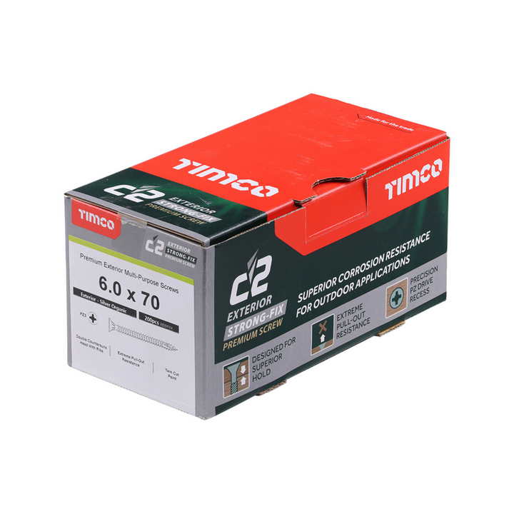 C2 Exterior Strong-Fix - PZ - Countersunk Screw – Salt‑Resistant Timber Screw with Ribs - Twin-Cut - Silver