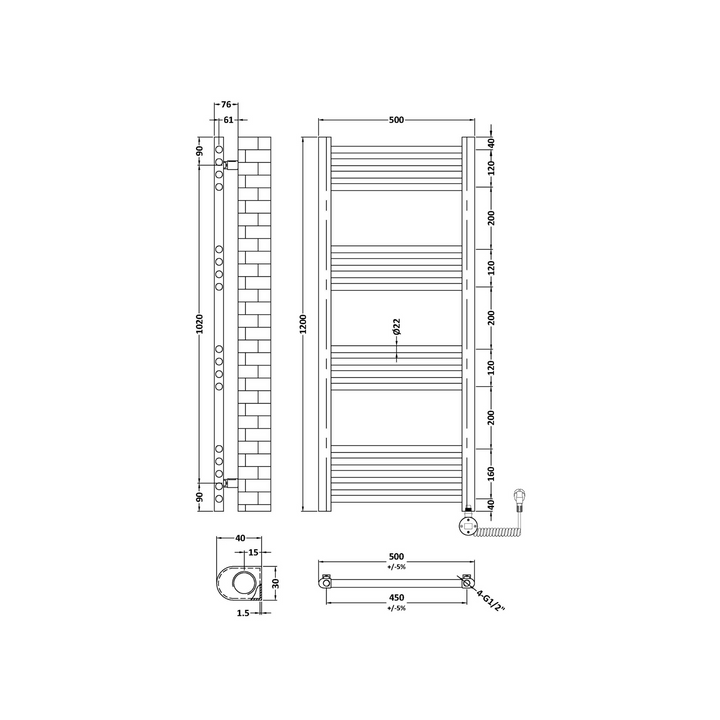 James Parker - Electric Round Tube Towel Rail with 17 Bars, 1200mm x 500mm