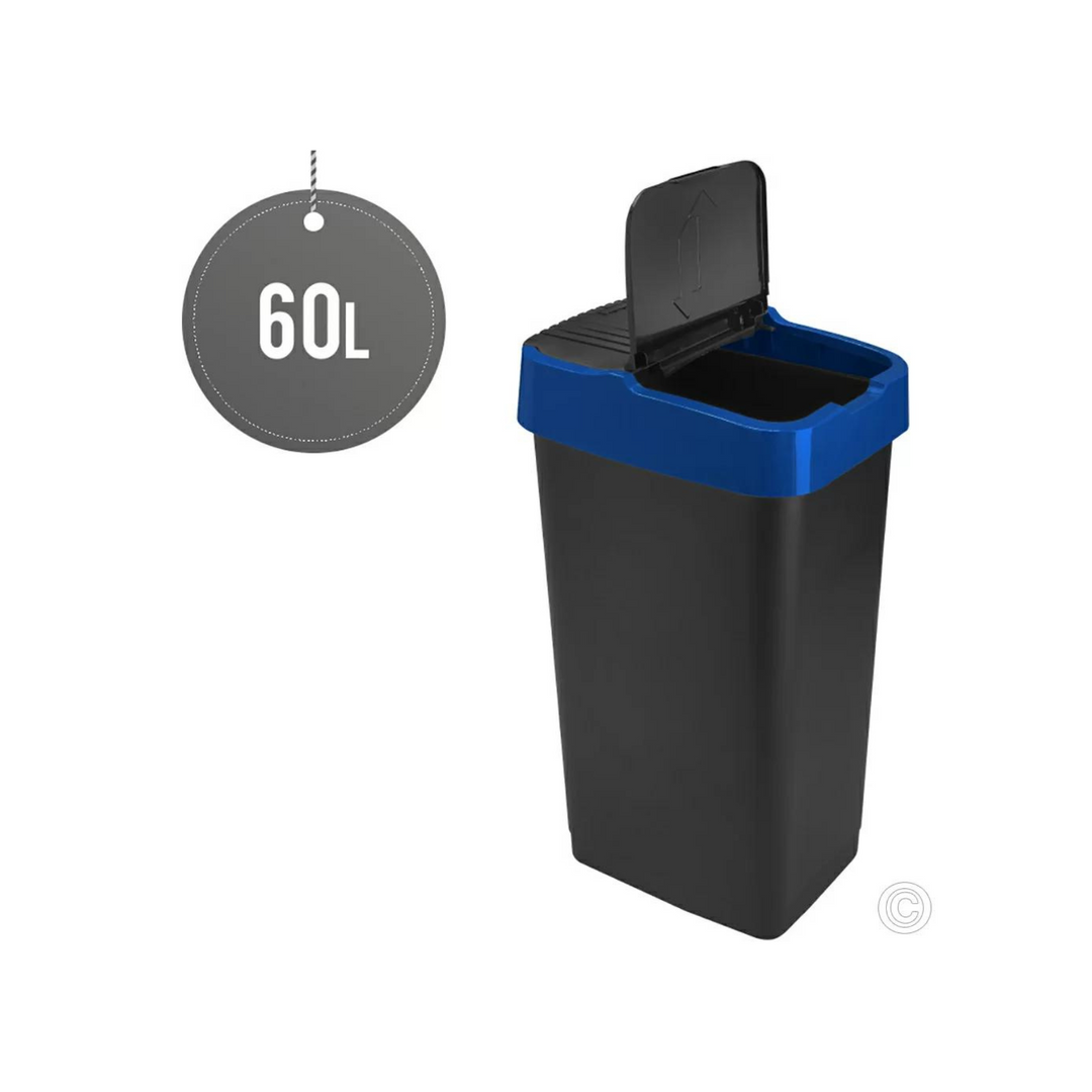 Plastic Recyling Bin With Double Swing Lid 60L With Blue Lid