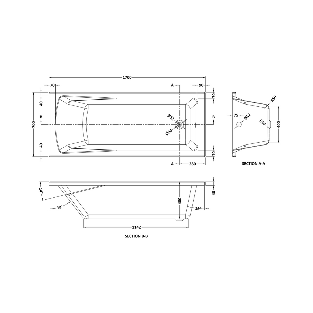 James Parker - Square Single Ended - Straight Shower Bath 1700mm x 700mm (66.92" x 27.55")