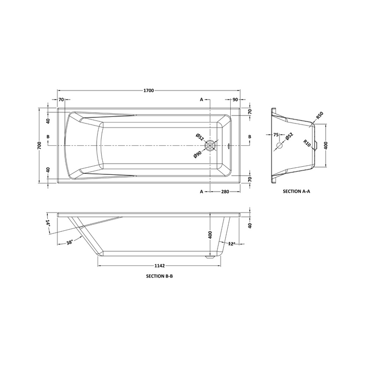 James Parker - Square Single Ended - Straight Shower Bath 1700mm x 700mm (66.92" x 27.55")