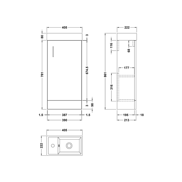 James Parker - Paris Compact Floor Standing Vanity Unit Single Door with Ceramic Basin 400mm