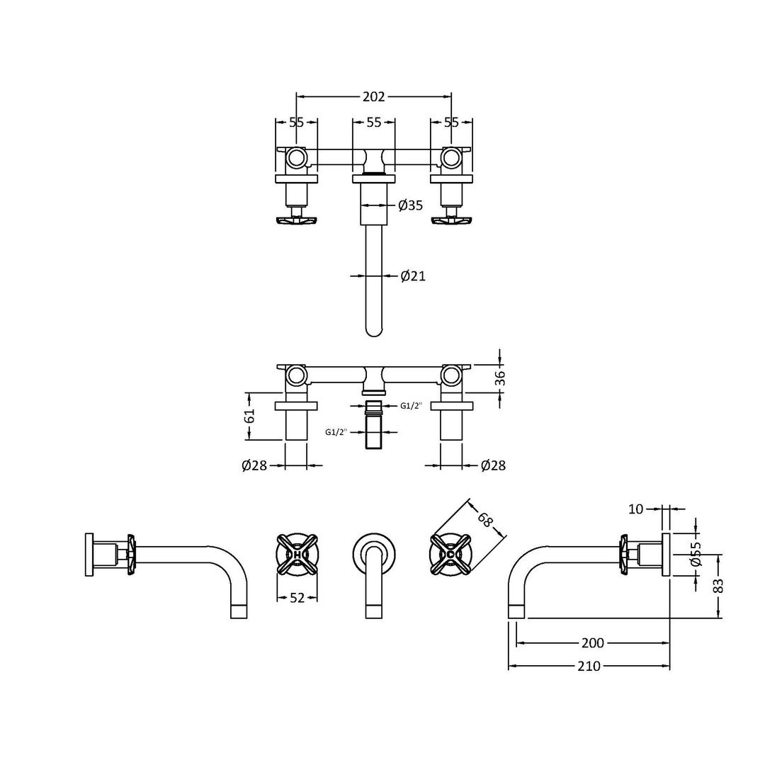 James Parker - Milan Wall Mount 3 Tap Hole Basin Mixer