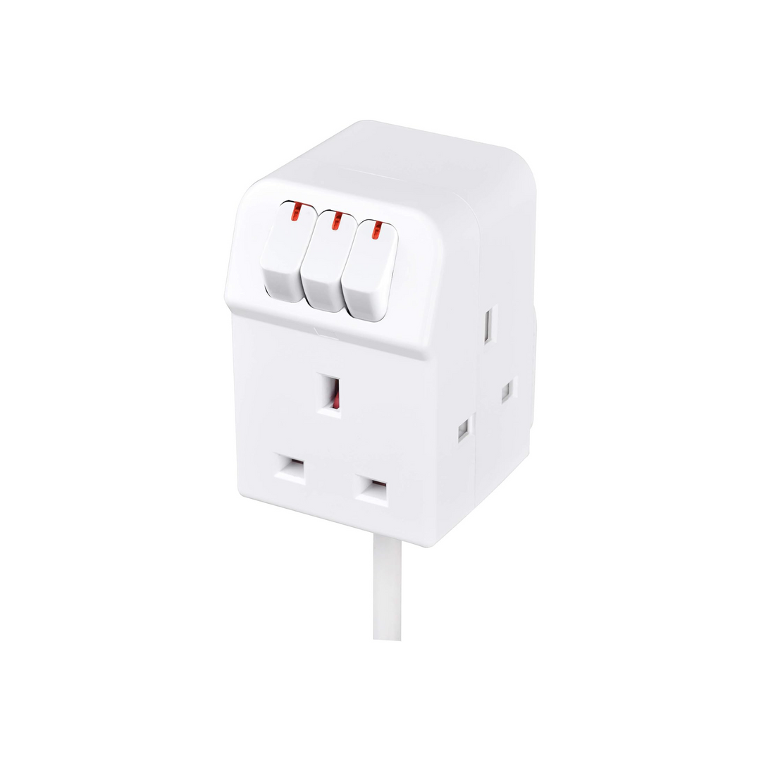 Masterplug Extension Lead - 3 Way Individually Switched Adaptor - White