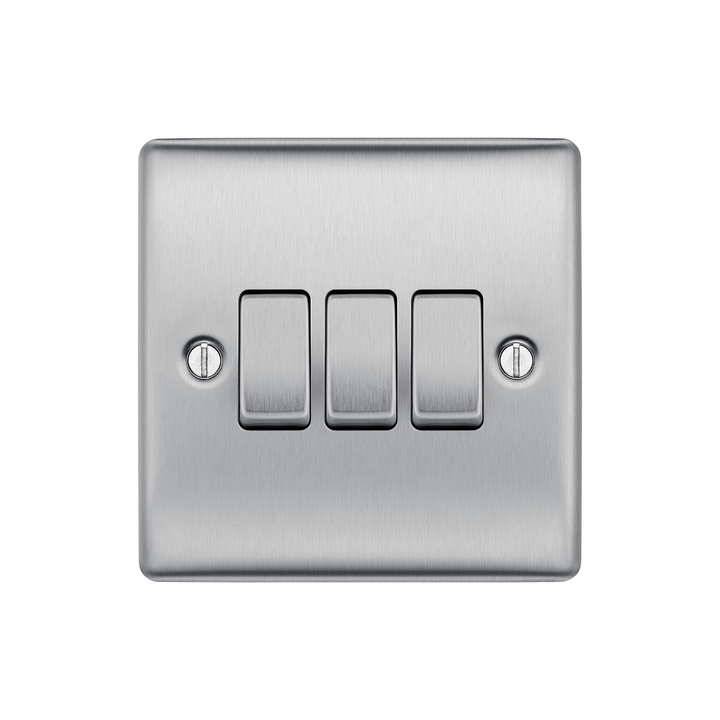 BG Electrical - 2-Way Triple Brushed Steel Light Switch 20A 16AX