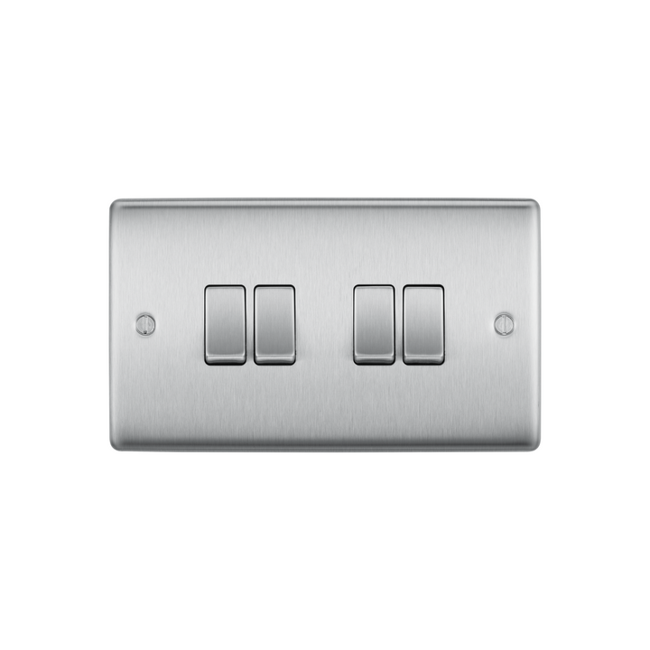 BG Electrical - 2-Way Quadruple Brushed Steel Light Switch 20A 16AX