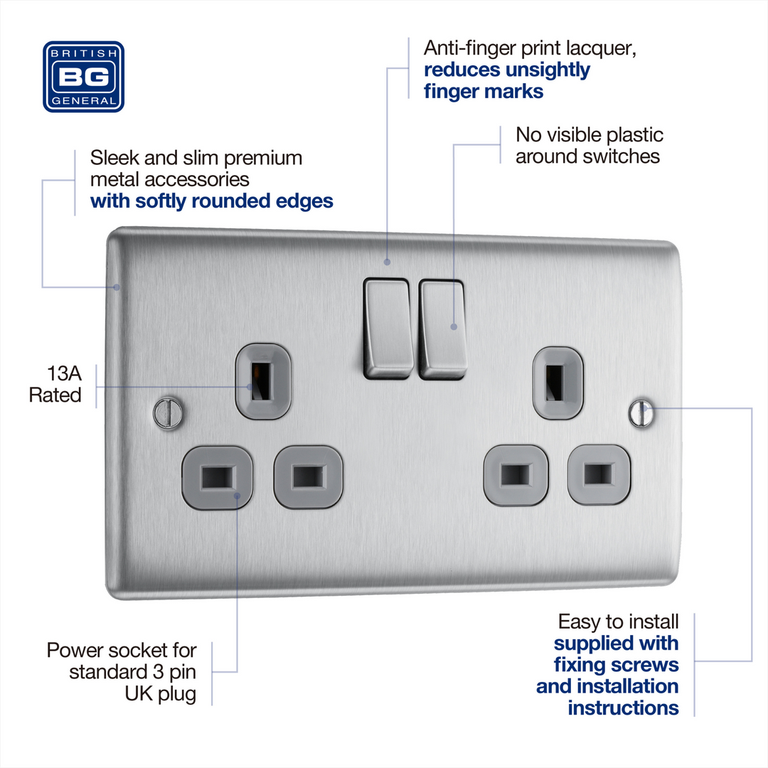 BG Electrical - NBS22G Double Pole, Double Plug Brushed Silver Light Switch